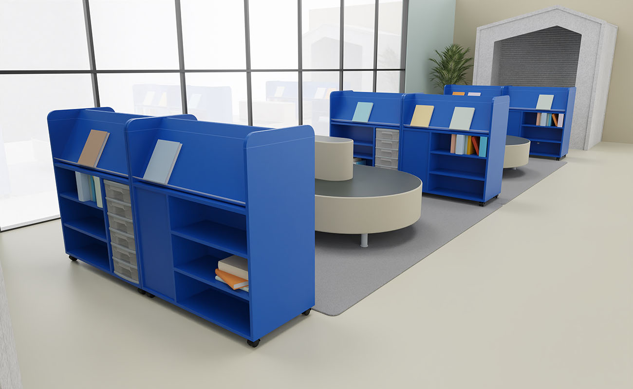 Leselounge Leselounge Ausschnitt mit blauen Flexeo Bücherwagen und Betzold Relaxterminal Endstücken