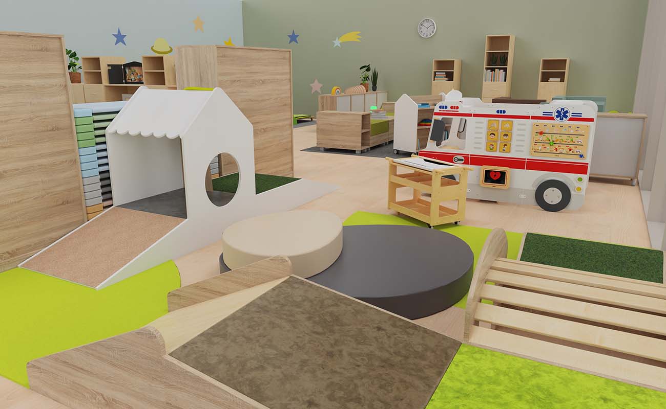 Gruppenraum Bunte Kinderwelt Gruppenraum Bunte Kinderwelt mit EduCasa Podesten, Flexeoregalen, Betzold Liegen und Stühlen