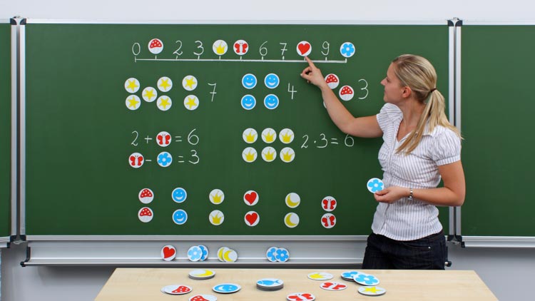 Magnetische Rechensymbole werden an Tafel befestigt