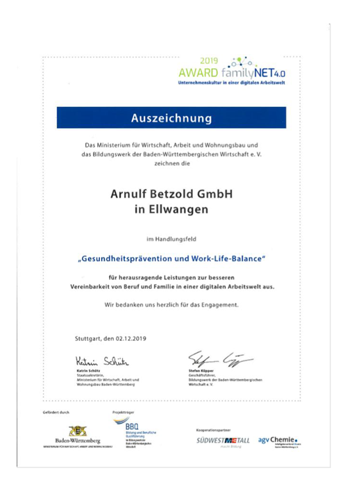 Urkunde familyNET 4.0 Auszeichnung 2019