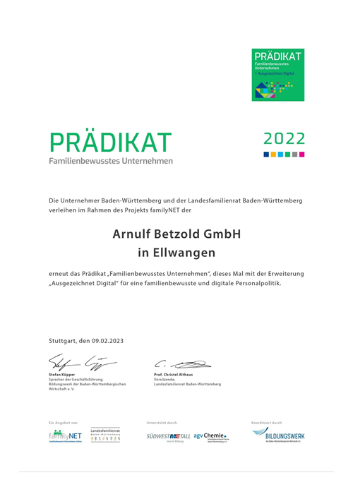 Urkunde Prädikat familienbewusstes Unternehmen 2022