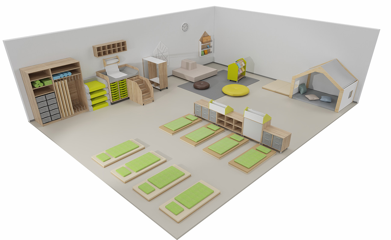 Schlafraum Spiel und Schlummerstube mit Flexeo Mattenschrank, EduCasa Traumhaus, Bücherwagen, Raumtrenner mit Bücherpult, Bodensitzpolster und zweifarbigen Liegen