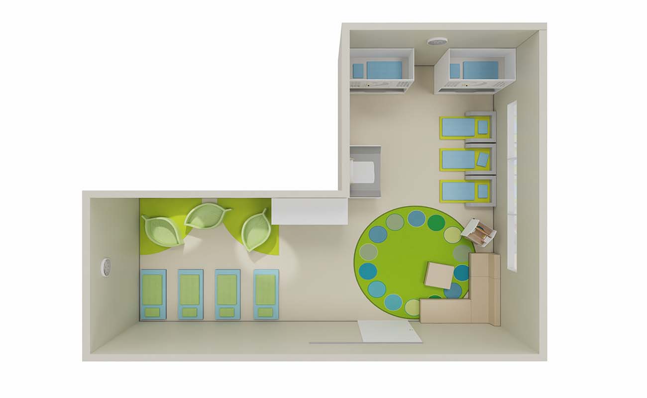 Schlafraum Cocoon mit Schlafblättern, Wickeltisch,EduCasa Teppich Dots, Clubbo Sofa und BebeNino Liegen