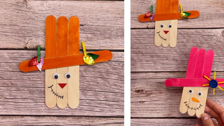 Mit nur vier Holzstäbchen und Heißkleber werden ganz einfache Vogelscheuchen für den Herbst gebaut.