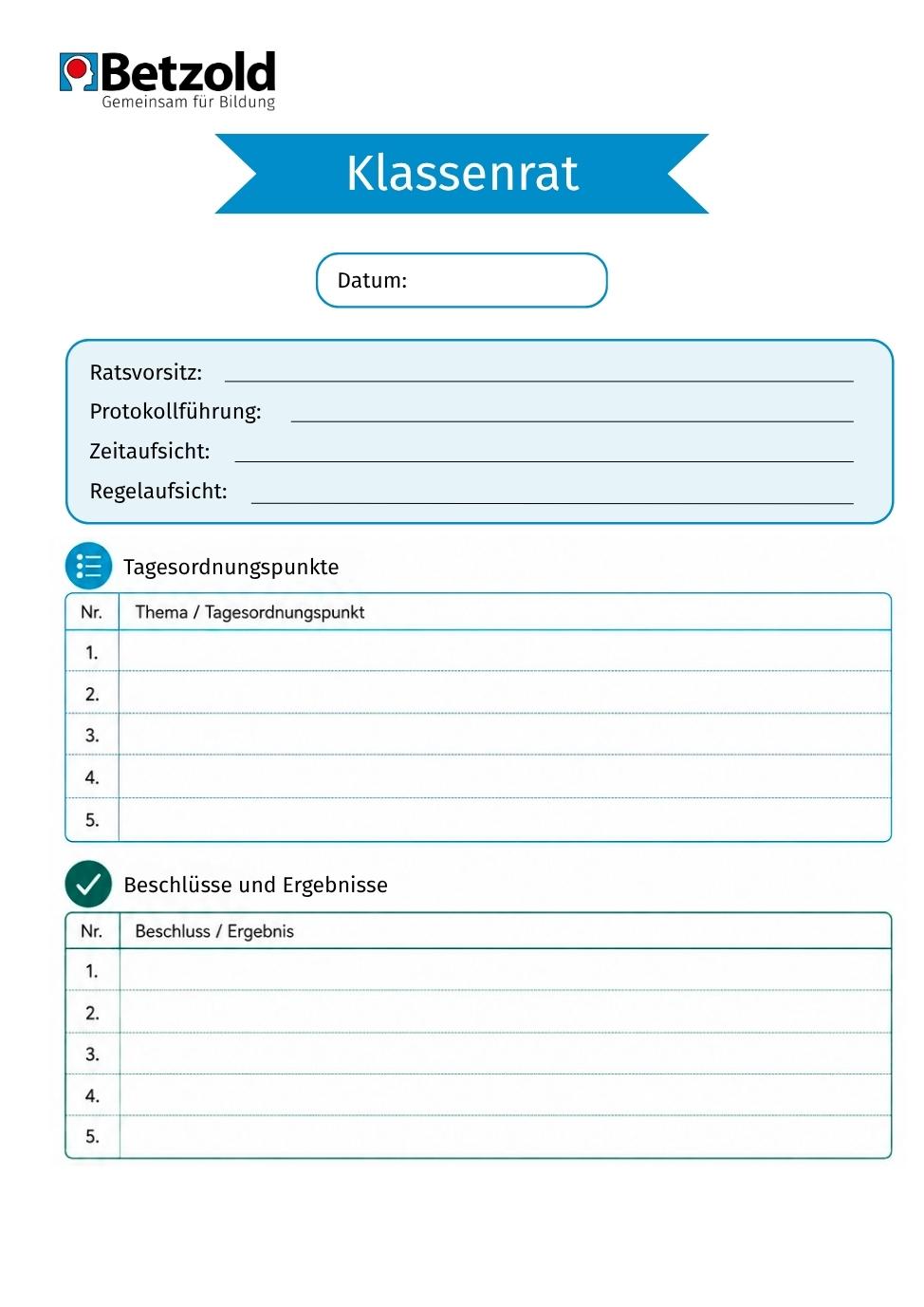Klassenrat: Protokoll-Vorlage
