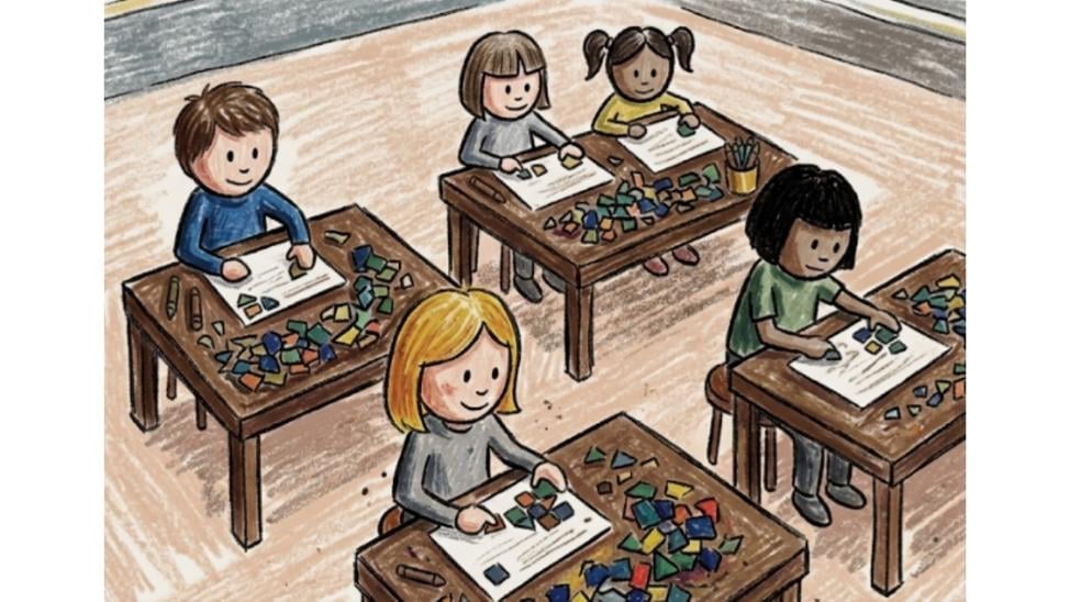 Gezeichnete Klassensituation: Kinder arbeiten mit Material zu Geometrie