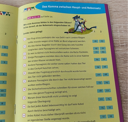 Beispielseite mit Sätzen zur Kommasetzung