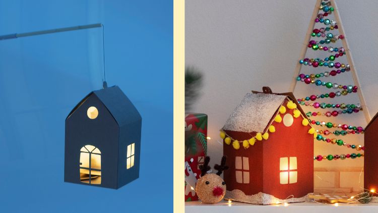 Auch ein kleines Haus aus Pappe, das eigentlich für die Weihnachtsdekoration vorgesehen ist, kann mit wenig Aufwand in eine Laterne verwandelt werden.