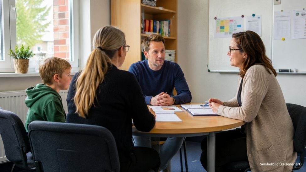 Eltern, Kind und Lehrerin sitzen gemeinsam an einem Tisch und unterhalten sich.
