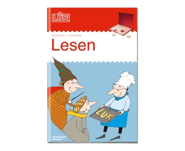 LÜK Lesen ein Bäcker mit Backblech und zwei Figuren auf dem Cover des Heftes