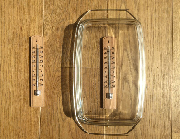 Thermometer in und neben Glasform