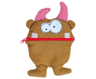 kleines Monster Mimos braunes Sorgenmonster mit rot-weißen Hörnern auf weißem Hintergrund