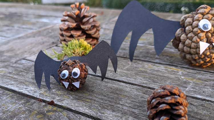 Eine gruselige Fledermaus selbstgebastelt aus Tonpapier und Tannenzapfen