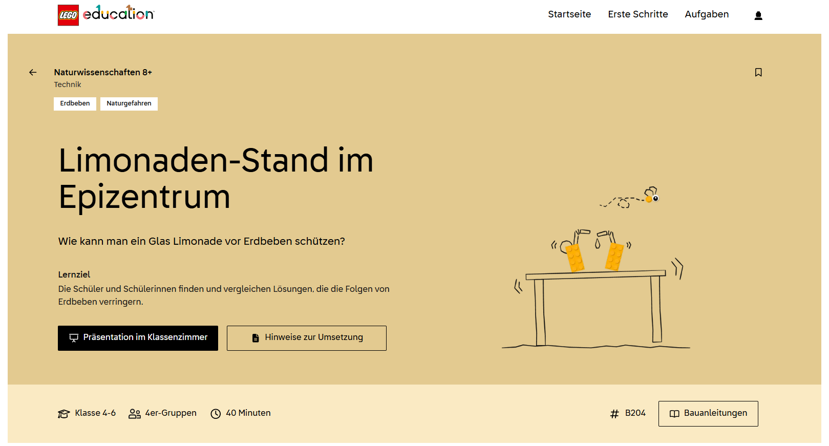 Screenshot der Aufgabe Limonaden-Stand im Epizentrum mit den wichtigsten Informationen zur Aufgabe