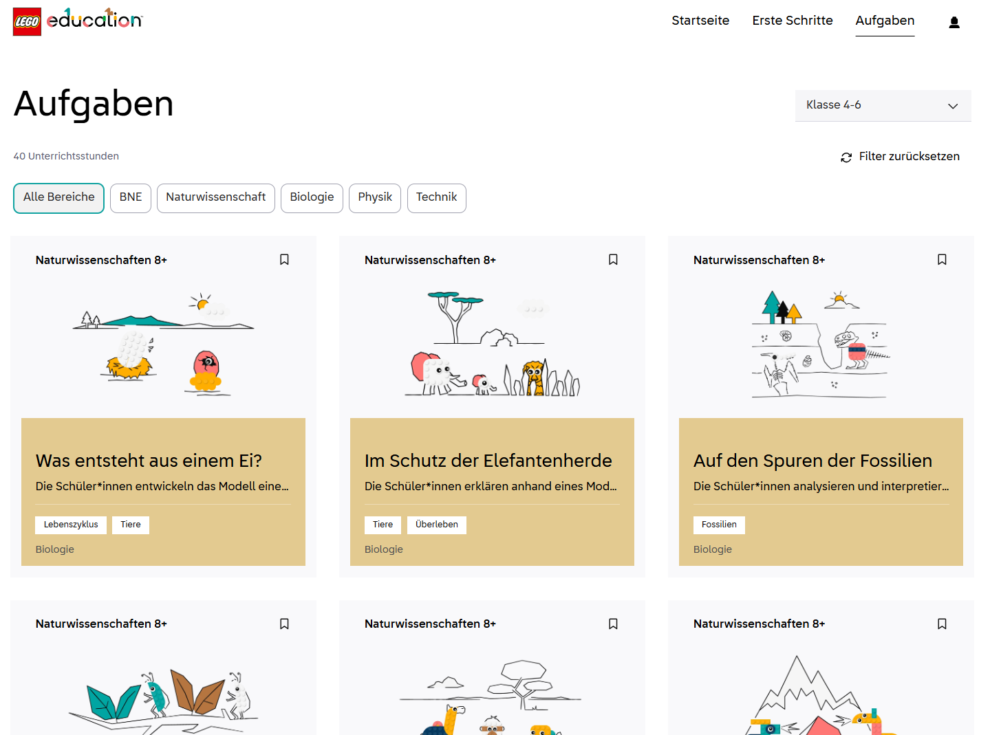 Screenshot des Bereichs der Aufgabenauswahl mit 3 angezeigten Unterrichtseinheiten