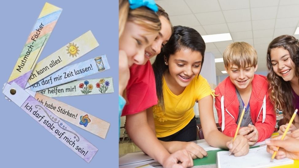 Linke Seite: Mutmachfächer, rechte Seite: Schülerinnen und Schüler arbeiten gemeinsam an einer Aufgabe
