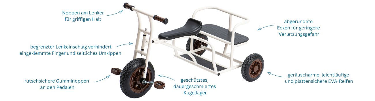 Sicherheitsaspekte Kinderfahrzeug Kinderfahrzeug mit Hinweisen auf abrutschsichere Noppen an Lenker und Pedale, geräuscharme Reifen und abgerundete Ecken für geringere Verletzungsgefahr