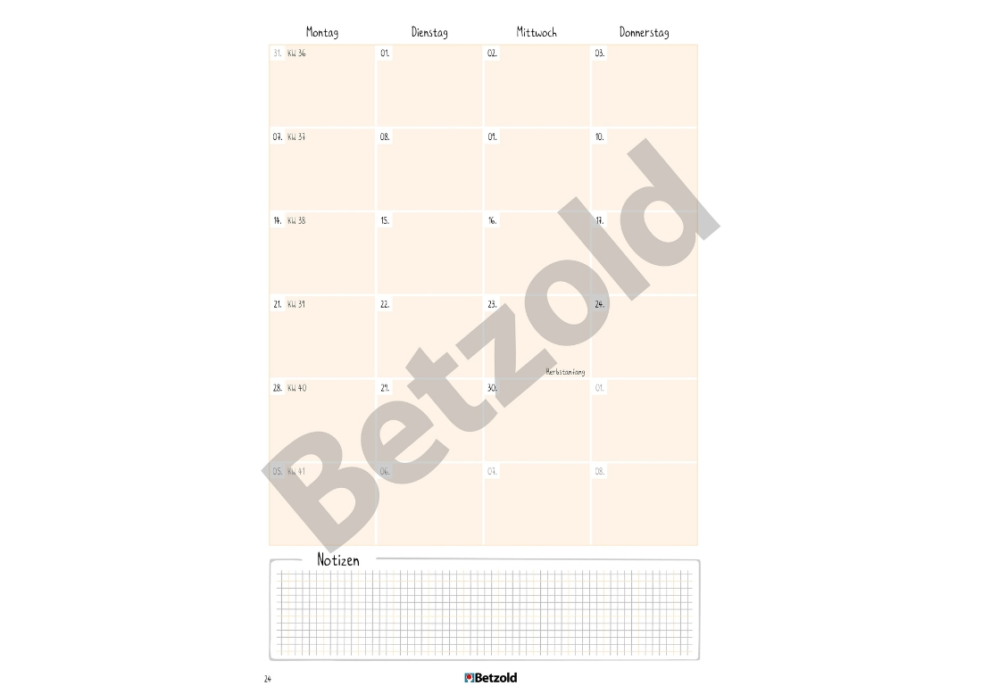 Beispielseite KAlenderüberblick in Wochenaufteilung und Platz für Notizen