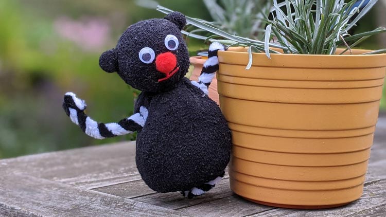Stofftier Bär aus einer Socke gebastelt, mit Füllwatte aus dem Betzold Online-Shop