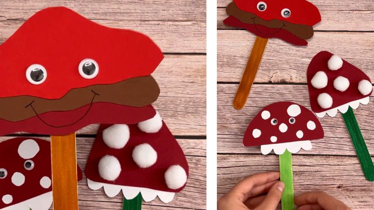 Pilze aus Tonpapier und Holzstäbchen gebastelt.