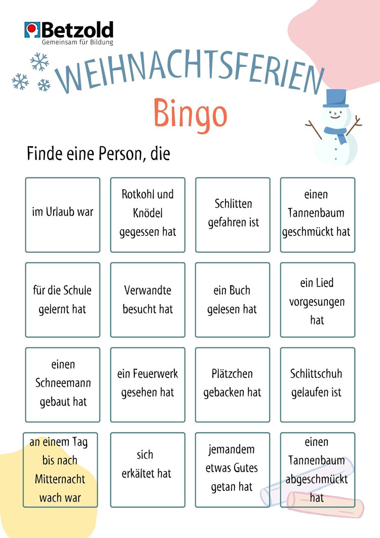Weihnachtsferien-Bingo