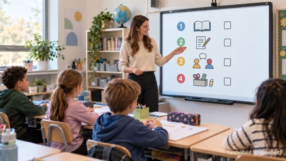 Lehrerin erläutert einen Arbeitsauftrag