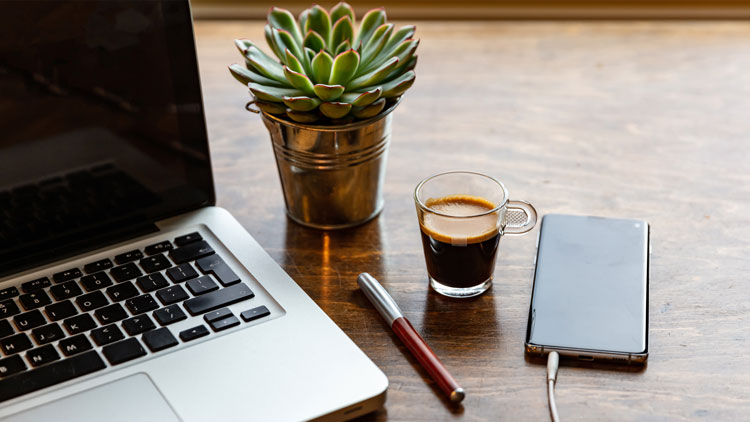 Arbeitsplatz mit Laptop, Kaffee und Pflanze.