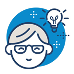 Sicheres Anwenden von Erkenntnissen Icon mit Glühbirne über Person