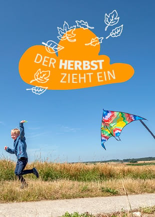 Herbst Kind rennt mit Drachen