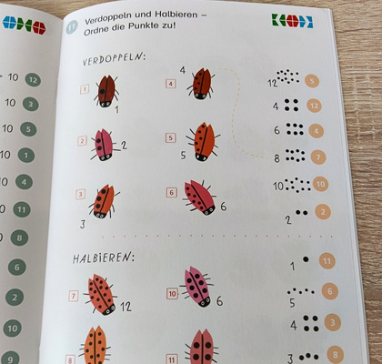 Beispielseite mit Rechenaufgaben illustriert mit Marienkäfern