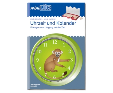 miniLÜK Uhrzeit und Kalender Eine analoge Uhr mit einem Affen als Cover des Produkts auf weißem Hintergrund