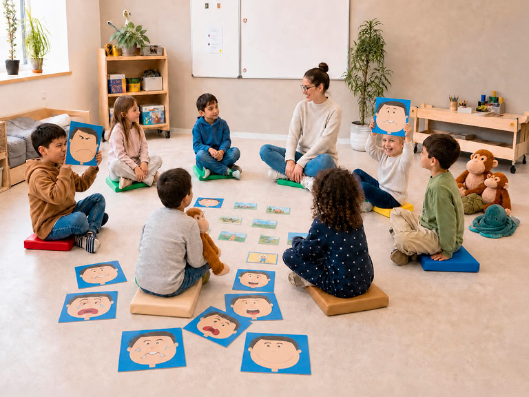 Kinder sitzen im Kreis und sprechen über Gefühle